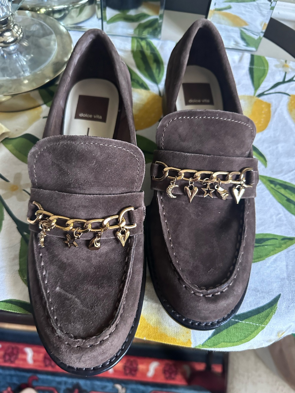 Dolce Vita Brown Suede Loafers with Gold Chain Charms